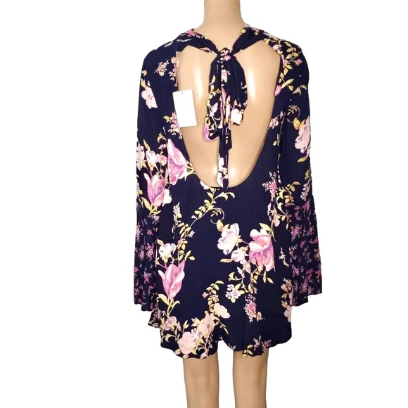 Free People Tate Floral Midnight Blue Combo Flare Sleeve Mini Dress Size X-Small - Picture 4 of 9